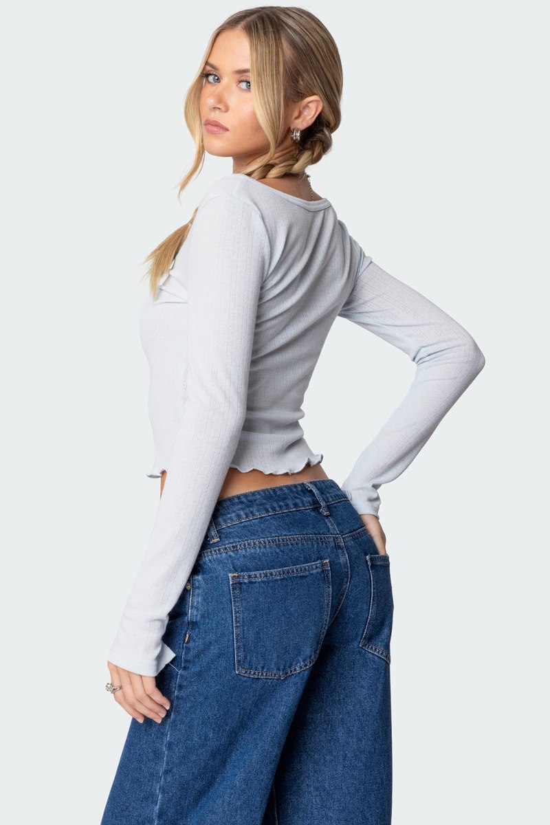 Edikted Ollie Button Front Pointelle Long Sleeve Tops Light Blue | USA GH310811Z1