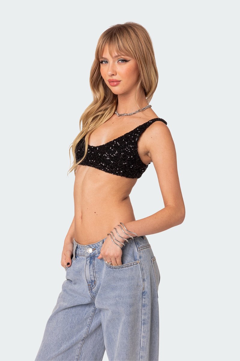 Edikted Oolala Sequin Bra Crop Tops Black | USA SG665336S8