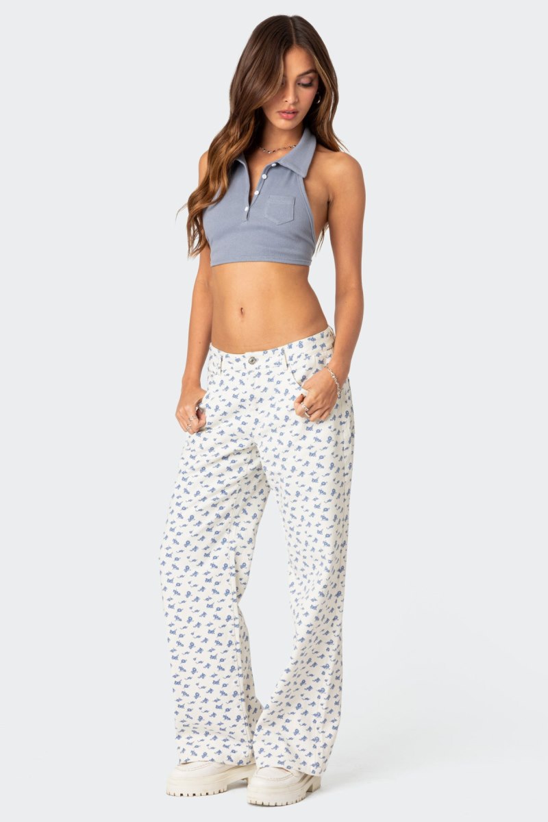 Edikted Open Back Collared Crop Tops Blue | USA IW383338Q0