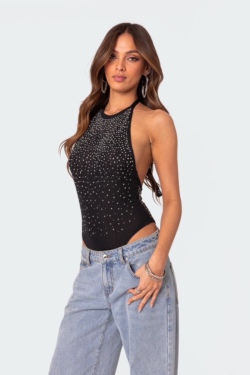 Edikted Open Back Mesh Rhinestone Bodysuit Black | USA DJ406140T1
