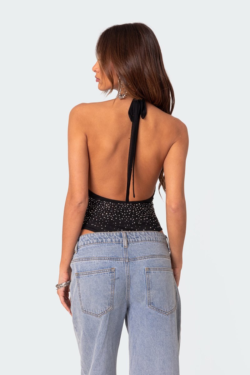 Edikted Open Back Mesh Rhinestone Bodysuit Black | USA DJ406140T1