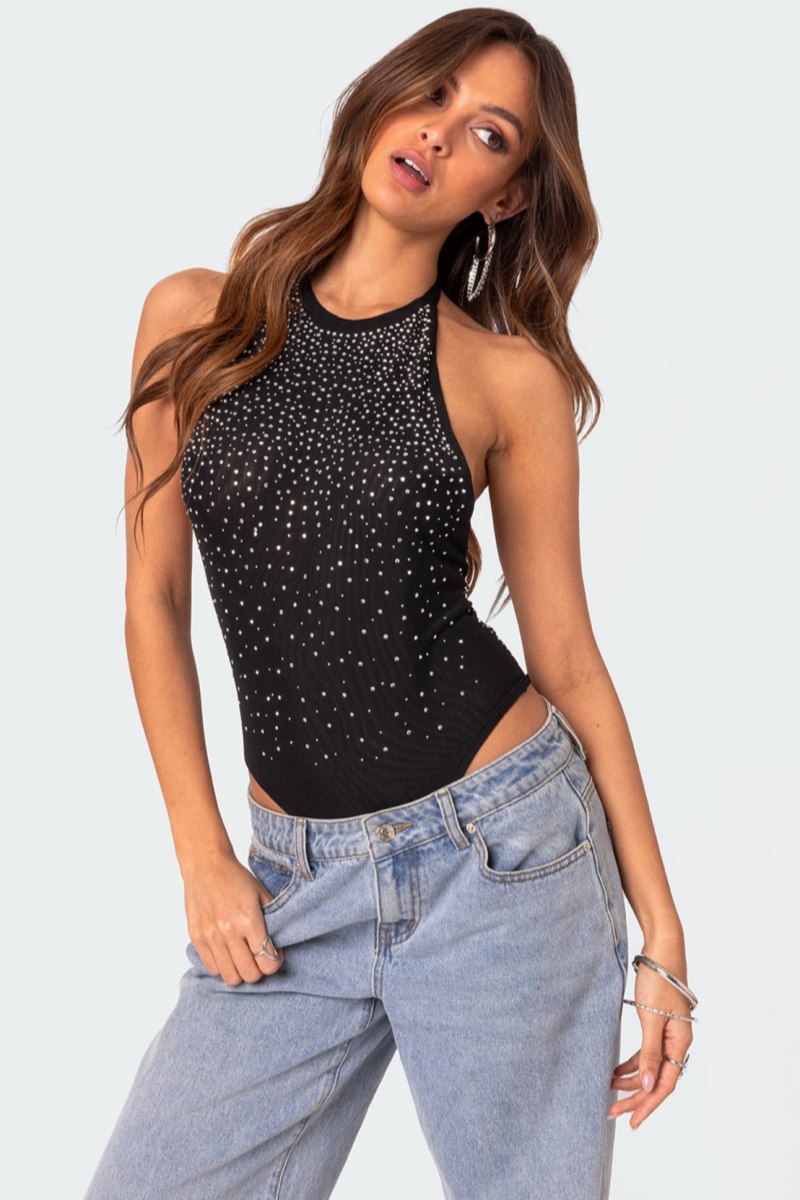 Edikted Open Back Mesh Rhinestone Bodysuit Black | USA DJ406140T1