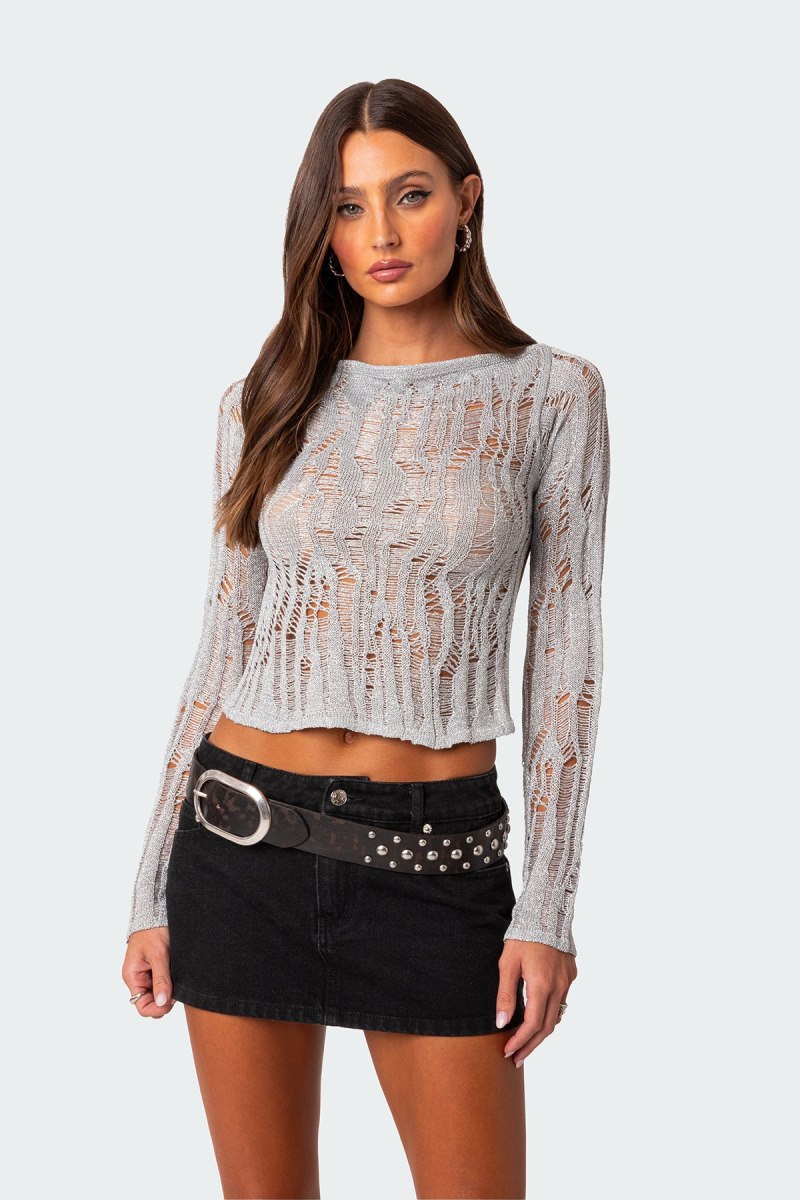 Edikted Open Back Metallic Knit Long Sleeve Tops Silver | USA EA585938S0