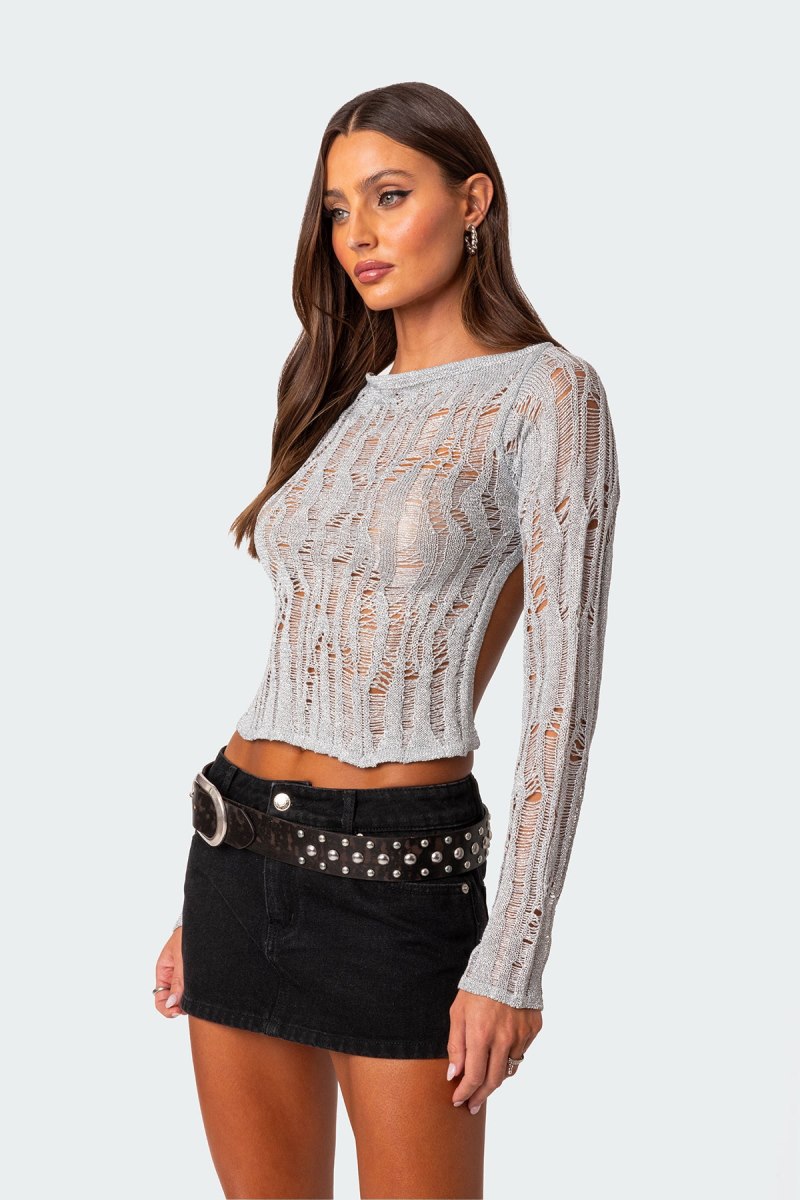 Edikted Open Back Metallic Knit Long Sleeve Tops Silver | USA EA585938S0
