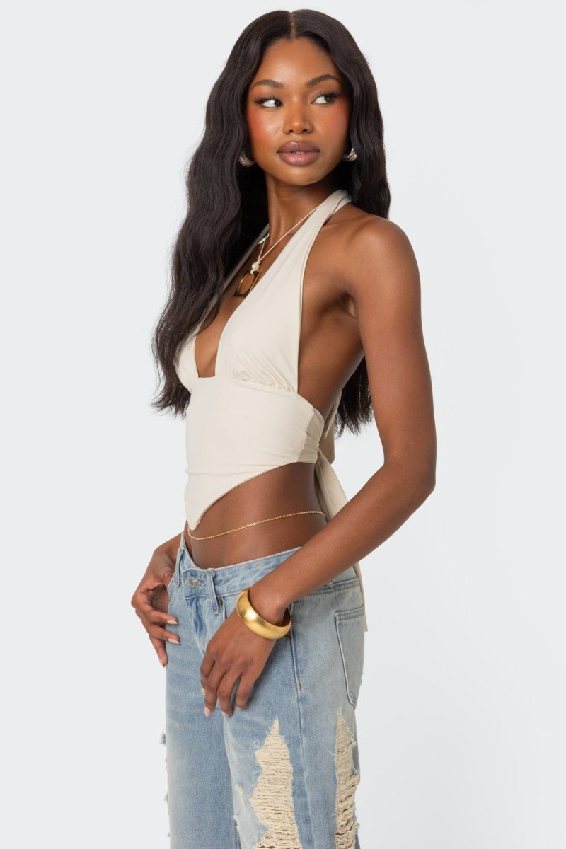 Edikted Open Back Triangle Halter Crop Tops Black | USA AI416991D8