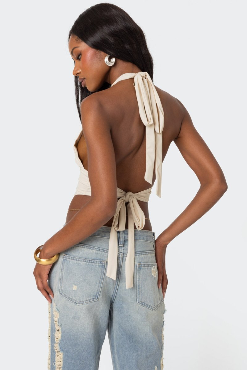 Edikted Open Back Triangle Halter Crop Tops Black | USA AI416991D8