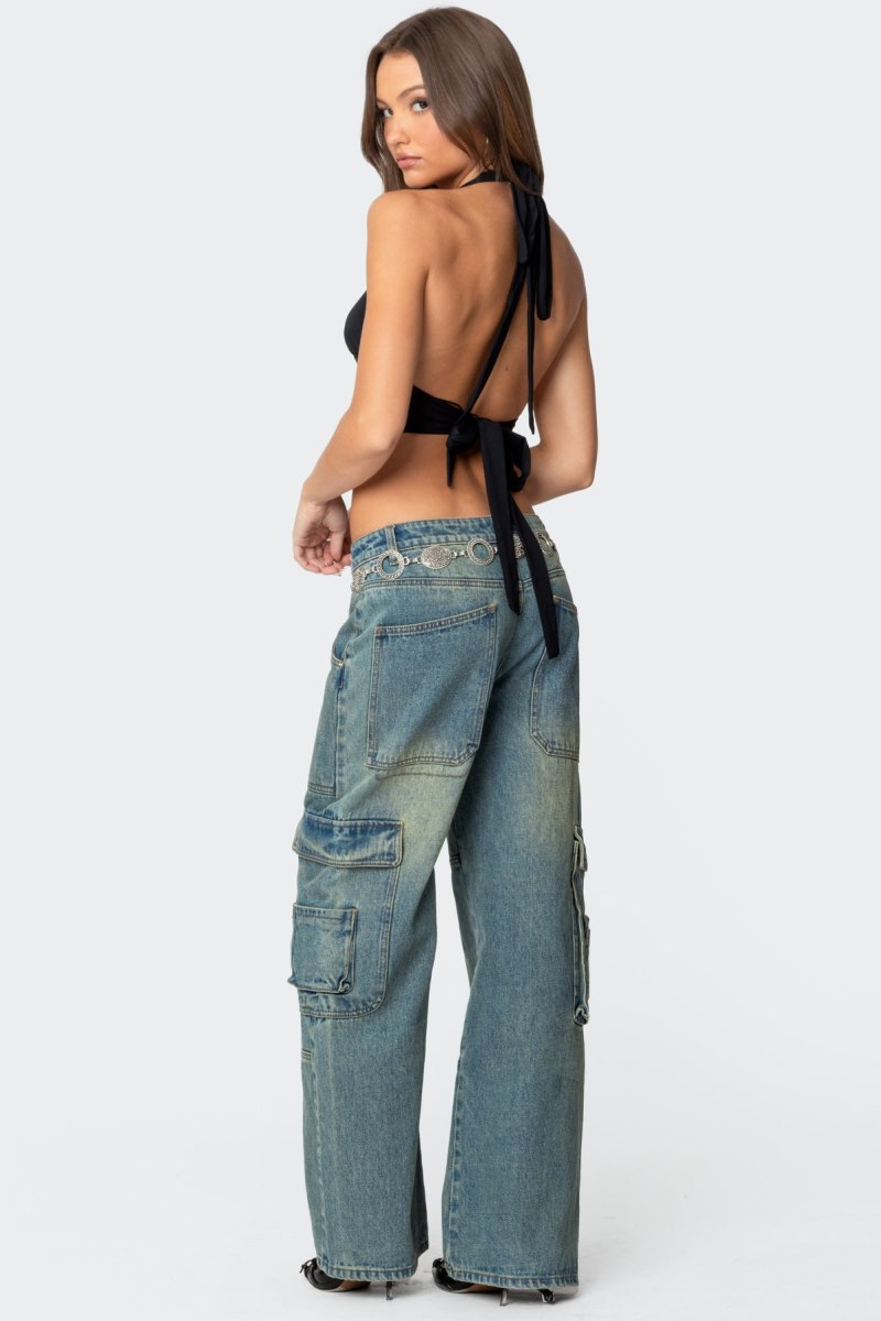 Edikted Open Back Triangle Halter Crop Tops Black | USA HF583088P6