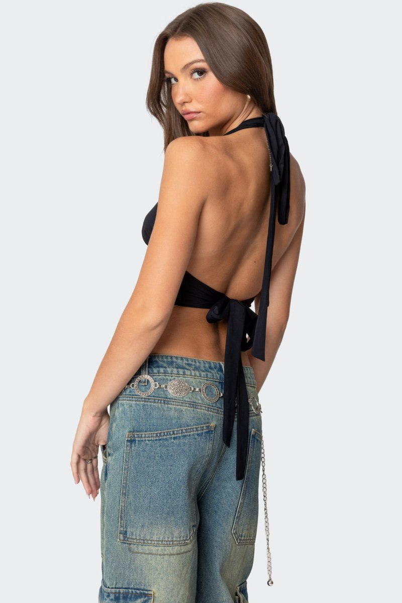 Edikted Open Back Triangle Halter Crop Tops Black | USA HF583088P6