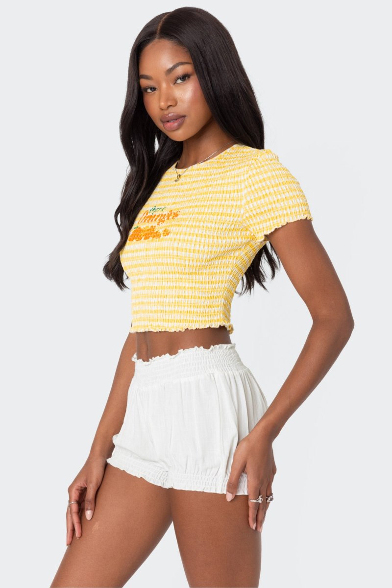 Edikted Orange Smocked Gingham Crop Tops Yellow | USA AZ245464M3