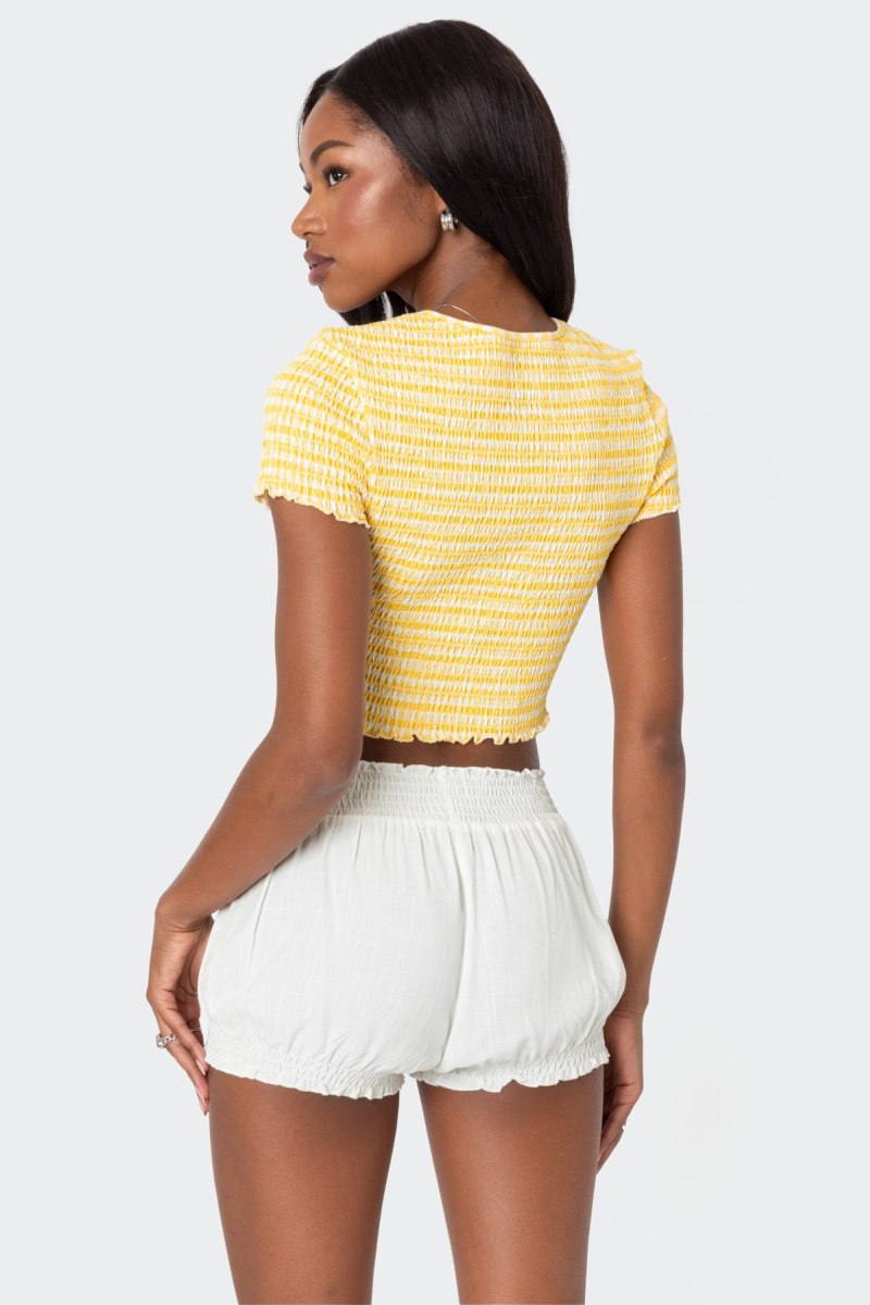 Edikted Orange Smocked Gingham Graphic Tops Yellow | USA KL462126O5