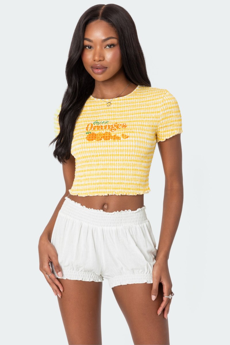 Edikted Orange Smocked Gingham Graphic Tops Yellow | USA KL462126O5