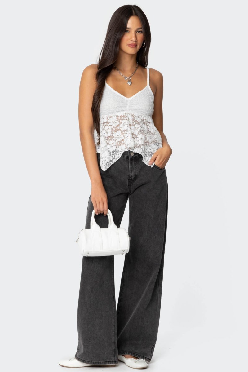 Edikted Orchid Sheer Lace Tank Top Black | USA ED409010C8
