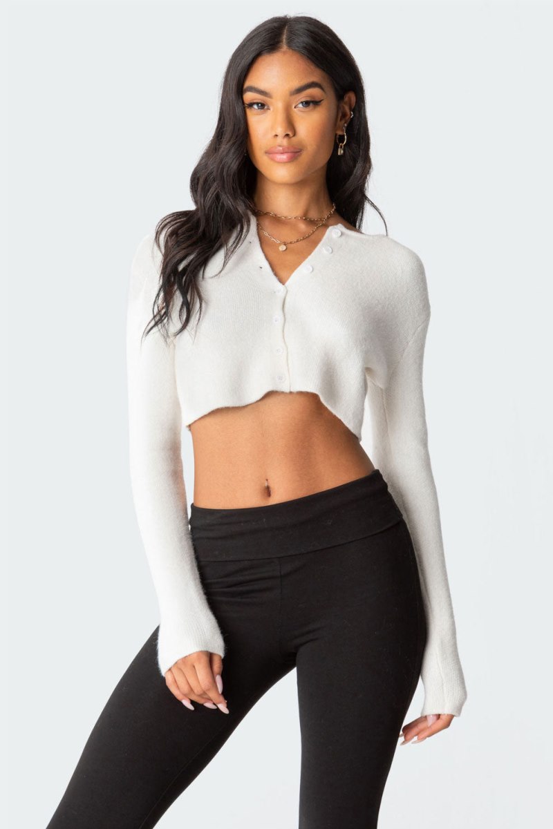 Edikted Otto Cropped Cardigan Long Sleeve Tops White | USA YW198689F9