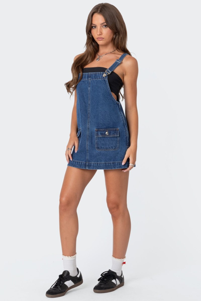 Edikted Overall Denim Mini Dress Blue Washed | USA OK509510E4