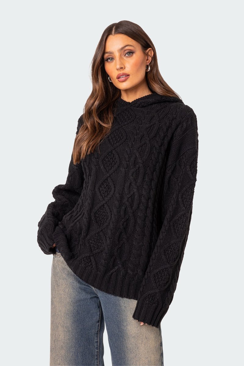 Edikted Oversized Cable Knit Hoodie Long Sleeve Tops Black | USA UO618341F3