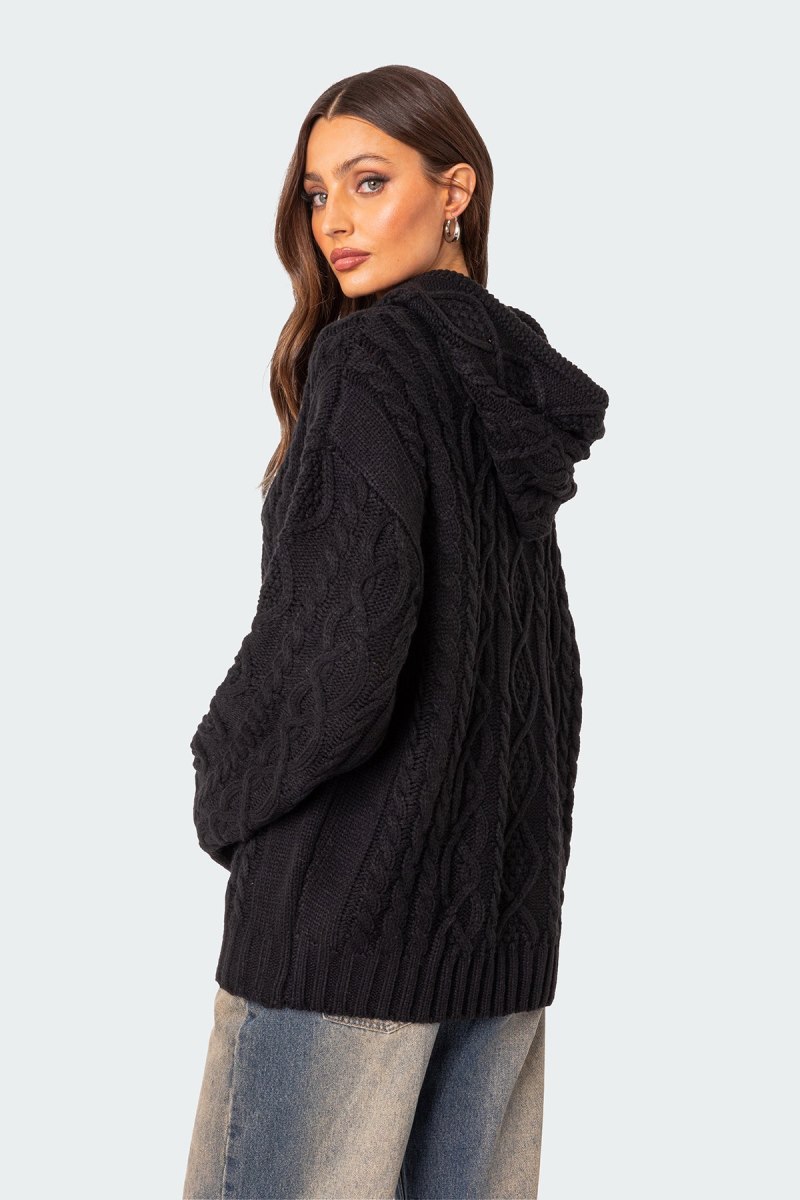 Edikted Oversized Cable Knit Hoodie Long Sleeve Tops Black | USA UO618341F3