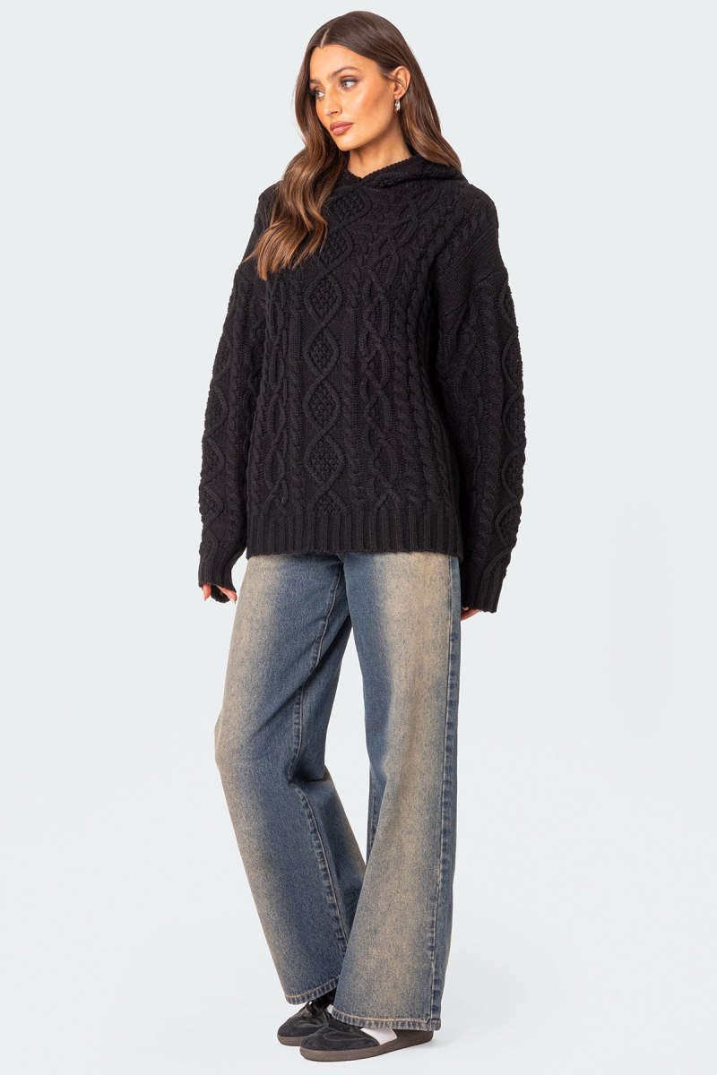 Edikted Oversized Cable Knit Hoodie Long Sleeve Tops Black | USA UO618341F3