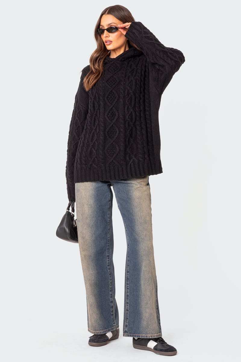 Edikted Oversized Cable Knit Hoodie Sweater Black | USA CH982298G3