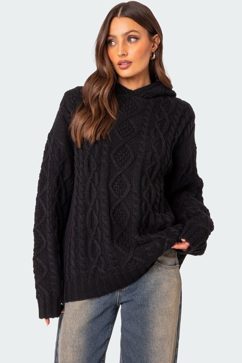Edikted Oversized Cable Knit Hoodie Sweater Black | USA CH982298G3