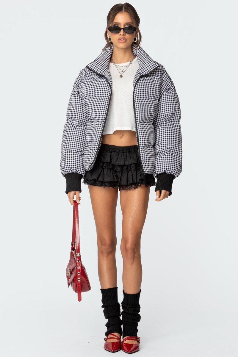 Edikted Oversized Gingham Puffer Jackets Black And White | USA GY885798I4