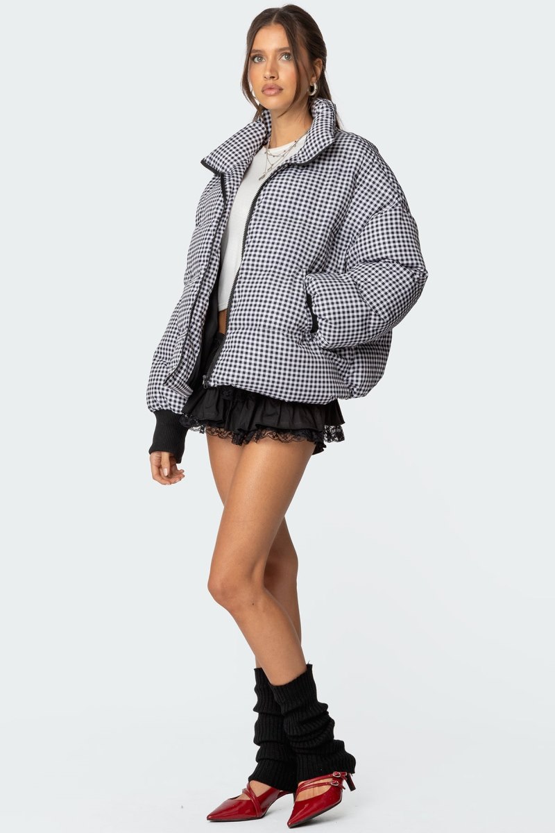 Edikted Oversized Gingham Puffer Jackets Black And White | USA GY885798I4