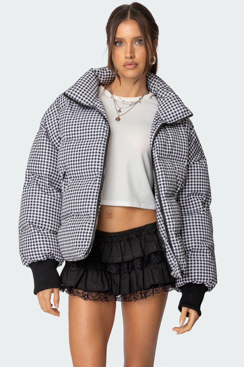 Edikted Oversized Gingham Puffer Jackets Black And White | USA GY885798I4