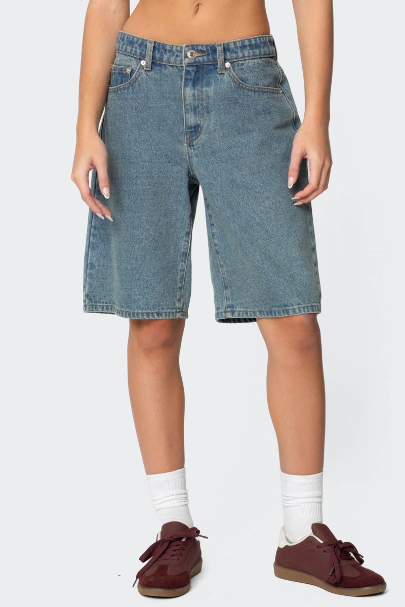 Edikted Oversized Low Rise Denim Bermuda Shorts Blue Washed | USA DD377017T6