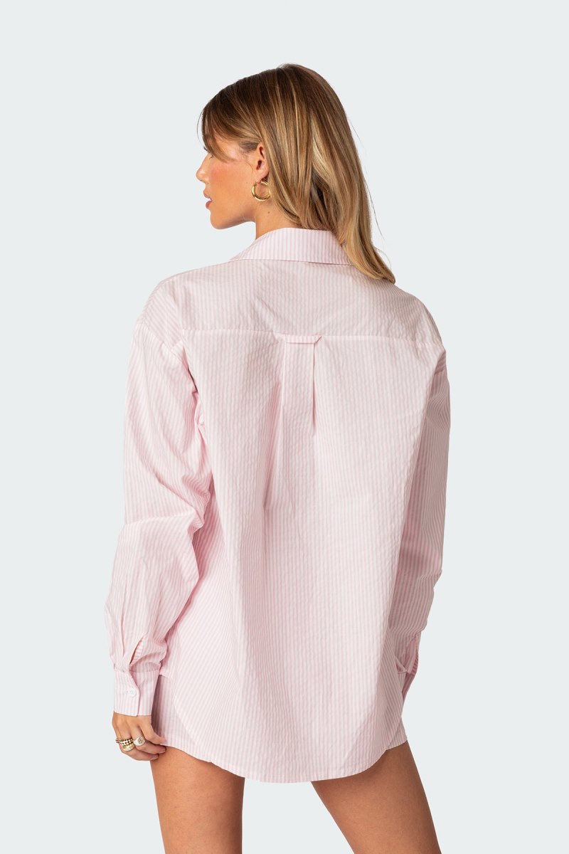 Edikted Oversized Pinstripe Button Up Shirt Long Sleeve Tops Blue | USA PK035513D0
