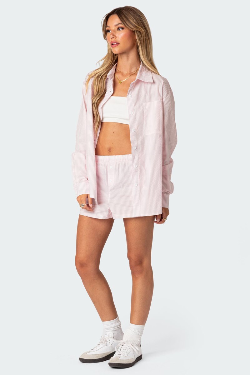 Edikted Oversized Pinstripe Button Up Shirt Long Sleeve Tops Blue | USA PK035513D0