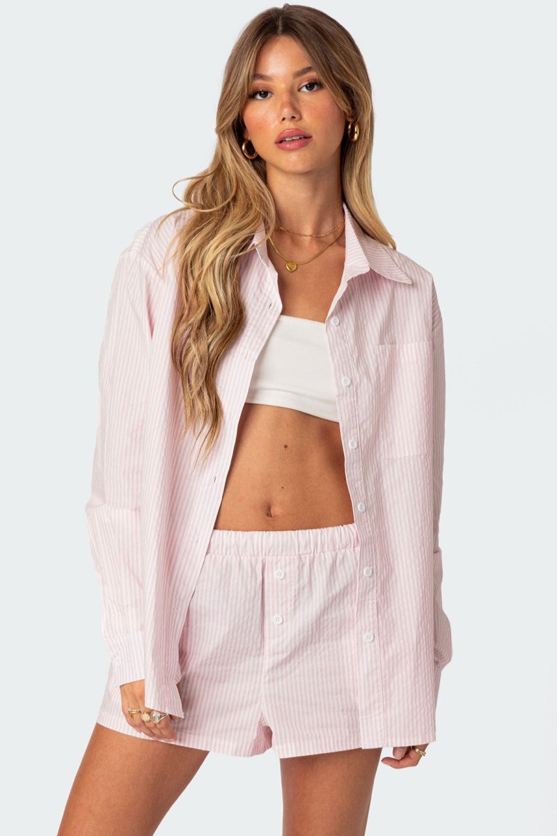 Edikted Oversized Pinstripe Button Up Shirt Long Sleeve Tops Blue | USA PK035513D0