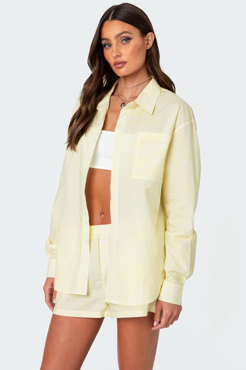 Edikted Oversized Pinstripe Button Up Shirt Long Sleeve Tops Blue | USA TD571767W6