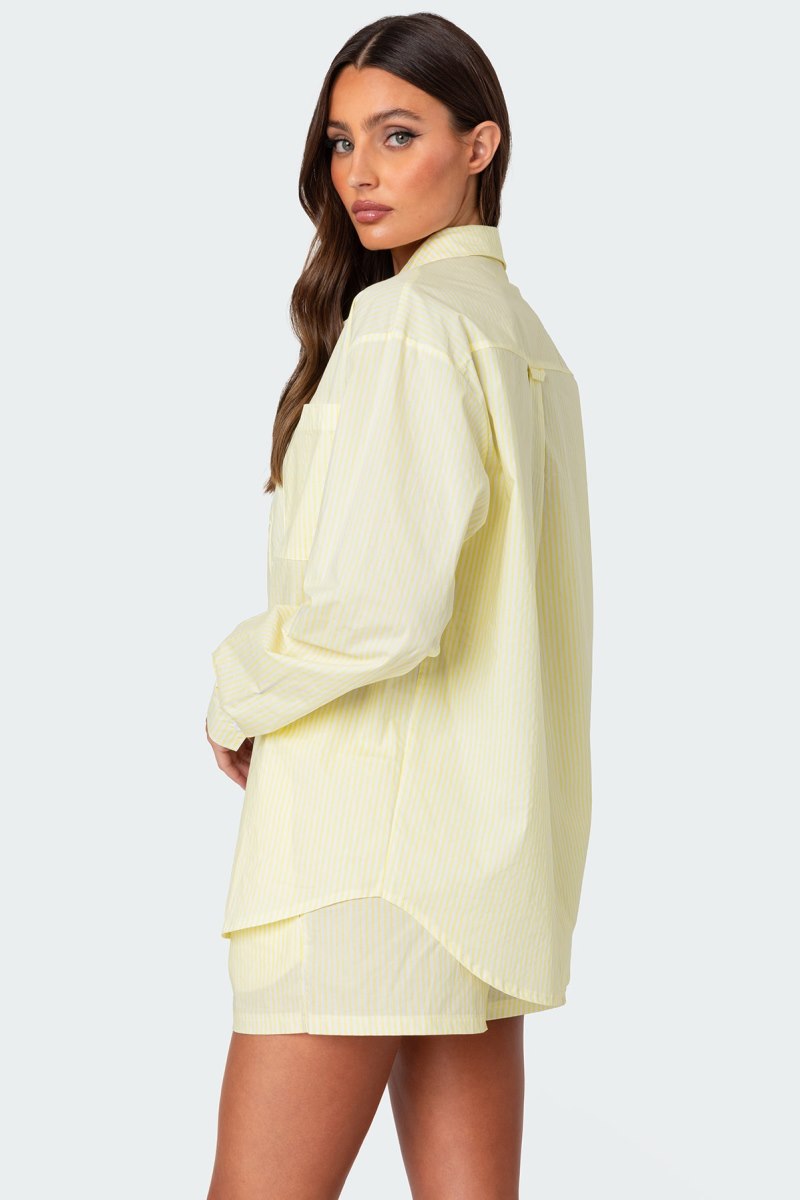Edikted Oversized Pinstripe Button Up Shirt Long Sleeve Tops Blue | USA TD571767W6