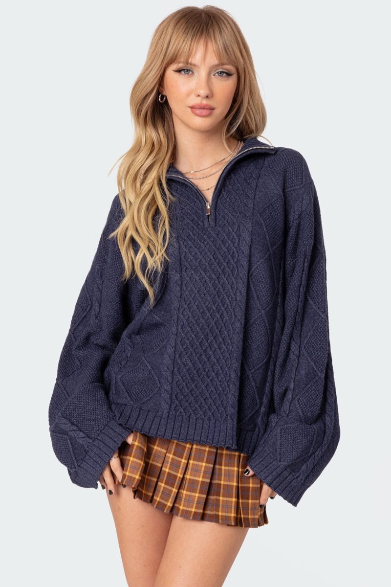 Edikted Oversized Quarter Zip Cable Knit Sweater Burgundy | USA BS852745L3