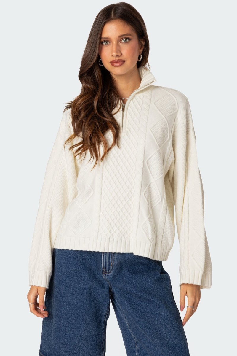 Edikted Oversized Quarter Zip Cable Knit Sweater Burgundy | USA CR758285K6
