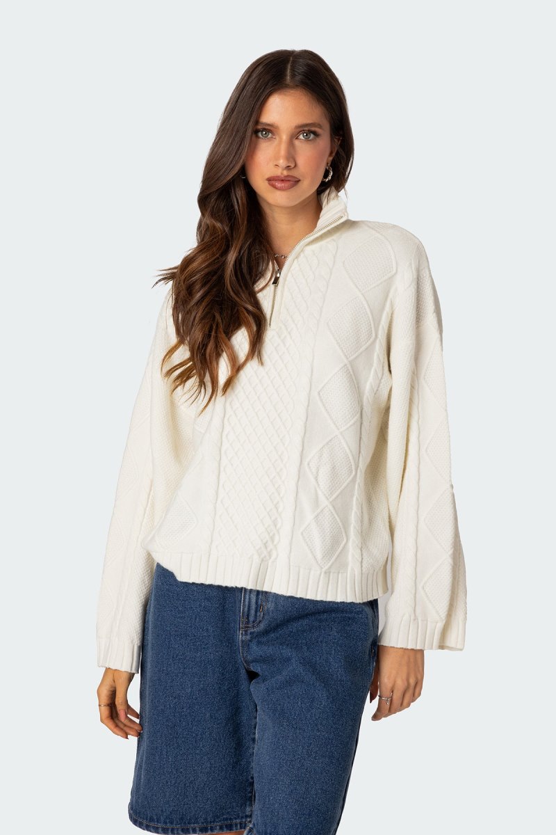 Edikted Oversized Quarter Zip Cable Knit Sweater Burgundy | USA CR758285K6