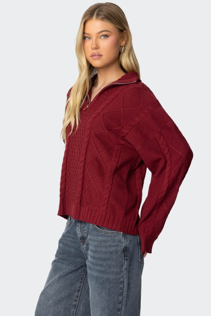 Edikted Oversized Quarter Zip Cable Knit Sweater Burgundy | USA KY986788F2