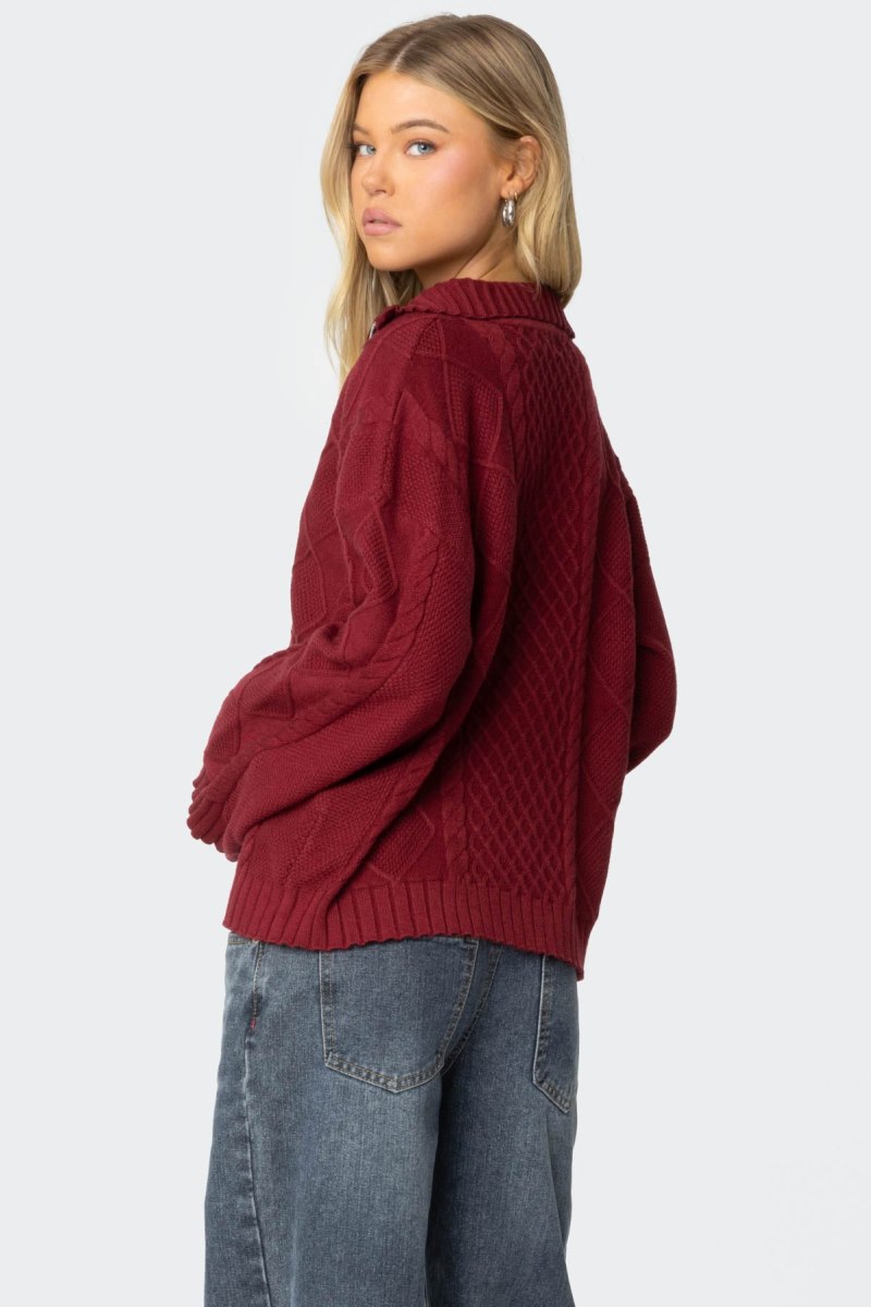 Edikted Oversized Quarter Zip Cable Knit Sweater Burgundy | USA KY986788F2