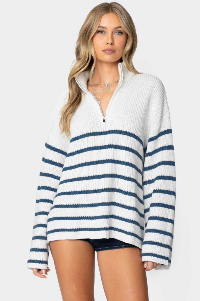 Edikted Oversized Quarter Zip Sweater Long Sleeve Tops Black And White | USA WC269646G0
