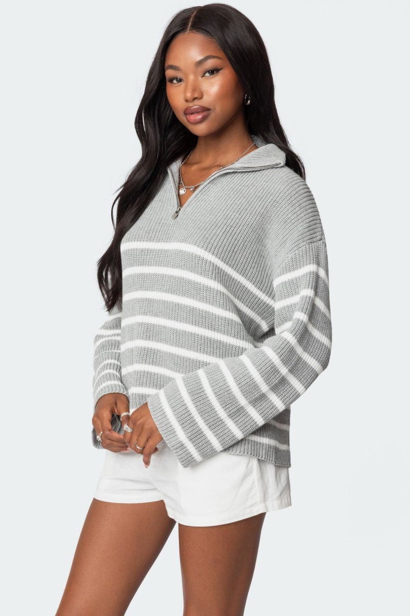 Edikted Oversized Quarter Zip Sweater Long Sleeve Tops Black And White | USA AP011341Z5