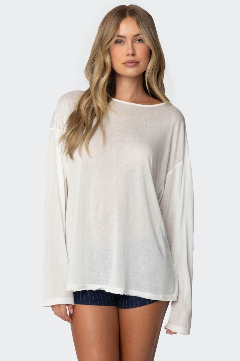 Edikted Oversized Semi Sheer Long Sleeve T Shirts White | USA DL660046L8