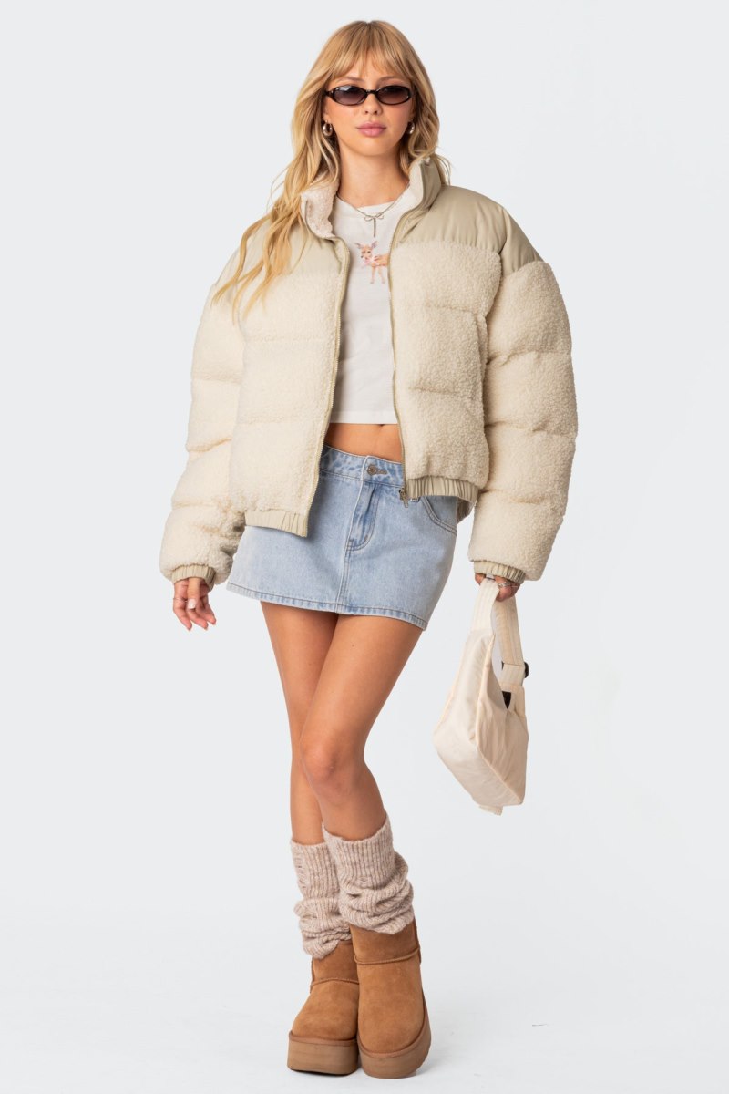 Edikted Oversized Sherpa Puffer Jackets Cream | USA HN581328R6