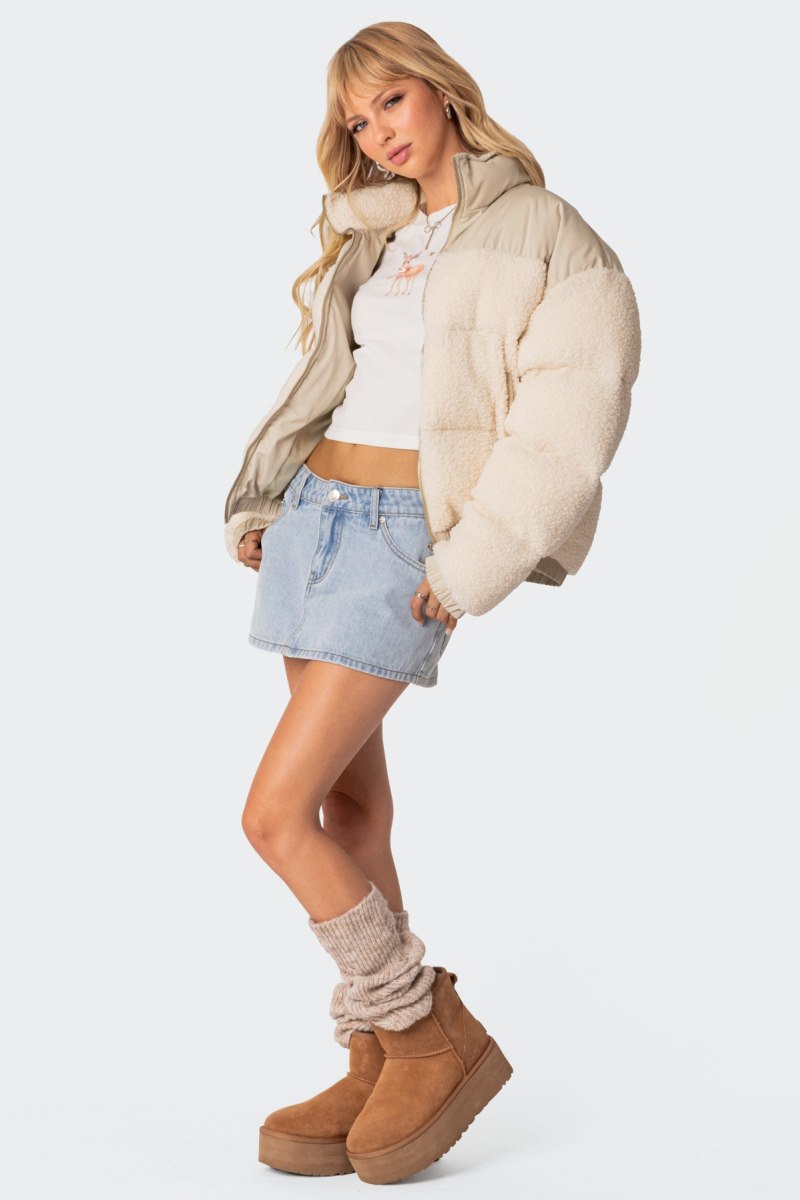 Edikted Oversized Sherpa Puffer Jackets Cream | USA HN581328R6