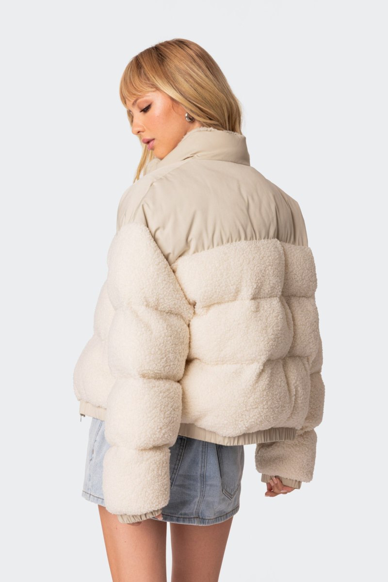 Edikted Oversized Sherpa Puffer Jackets Cream | USA HN581328R6
