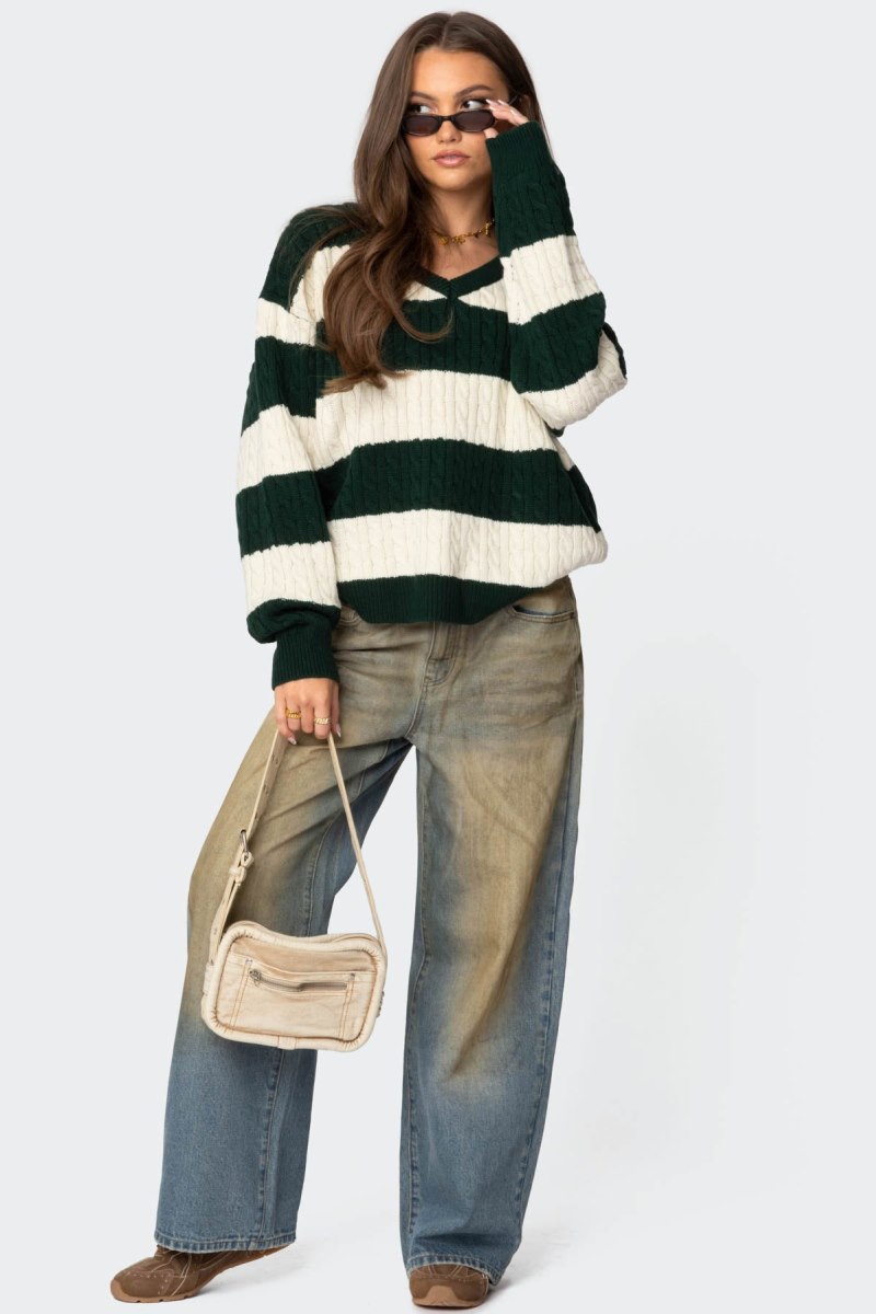 Edikted Oversized Striped Cable Knit Sweater Long Sleeve Tops Green | USA SZ054215W9