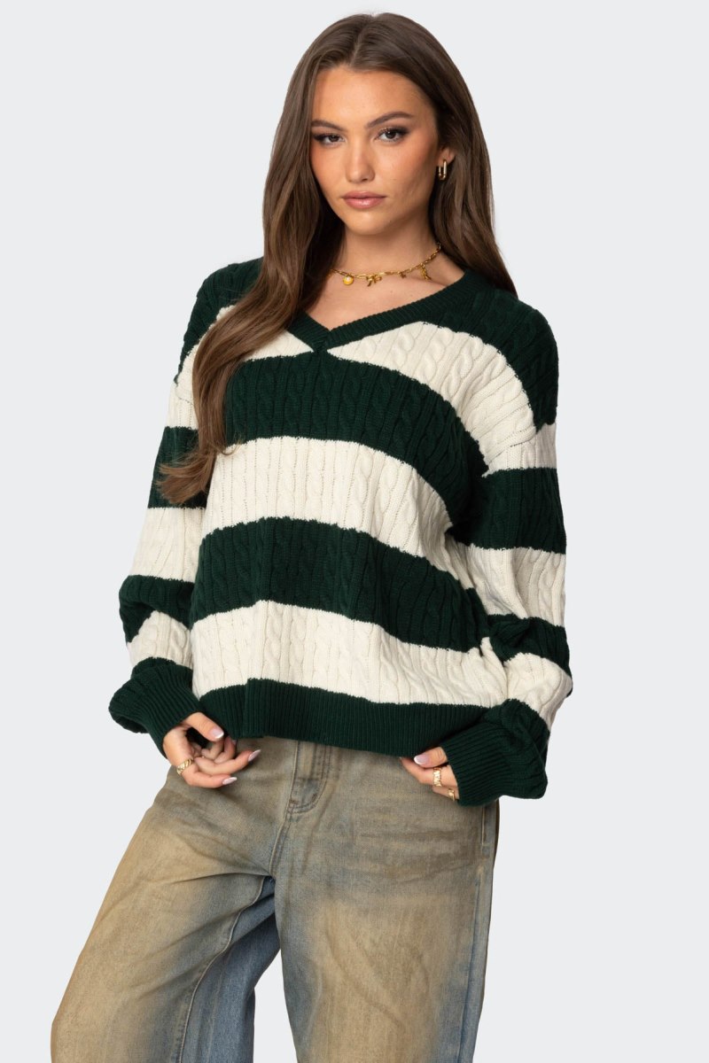 Edikted Oversized Striped Cable Knit Sweater Long Sleeve Tops Green | USA SZ054215W9