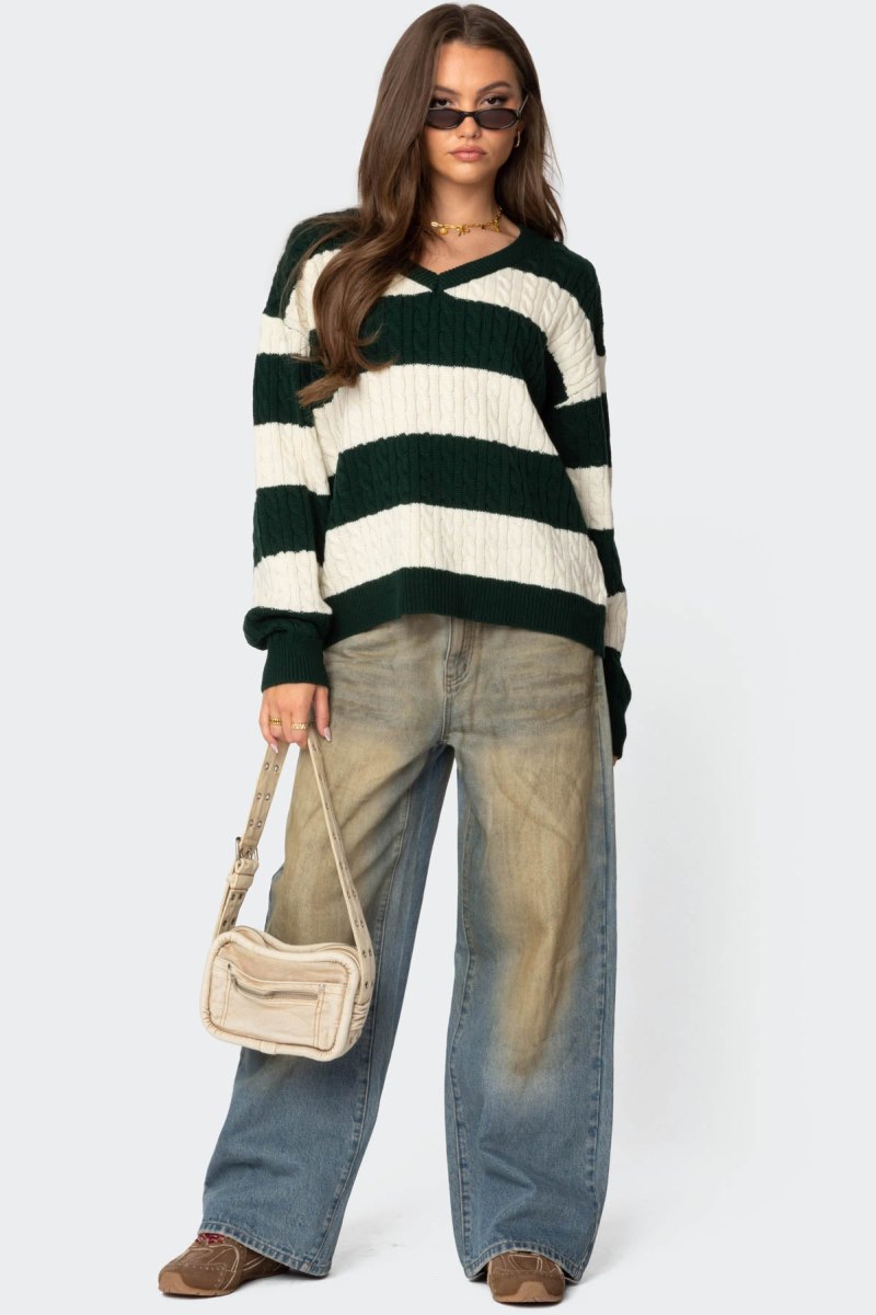 Edikted Oversized Striped Cable Knit Sweater Long Sleeve Tops Green | USA SZ054215W9