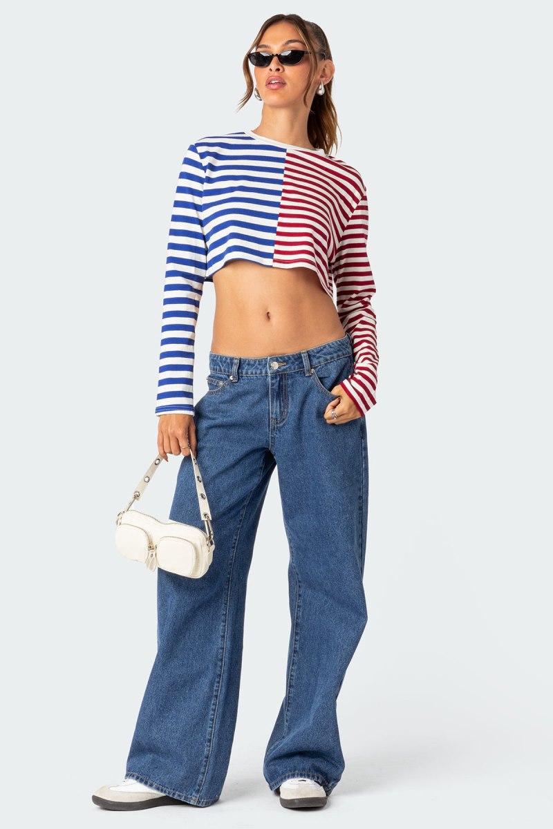 Edikted Oversized Striped Long Sleeve T Shirt Crop Tops Mix | USA JC890939G2