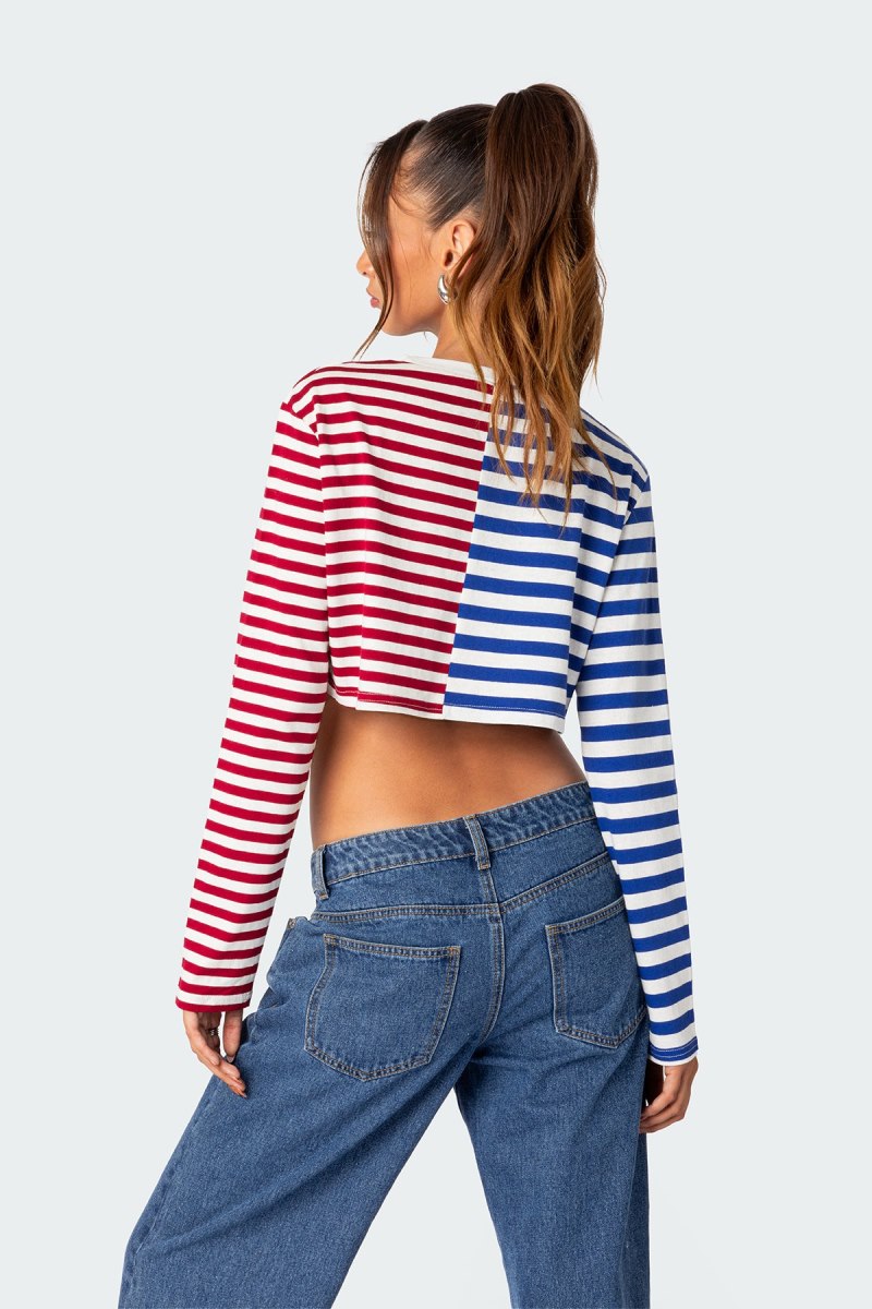 Edikted Oversized Striped Long Sleeve T Shirt Crop Tops Mix | USA JC890939G2