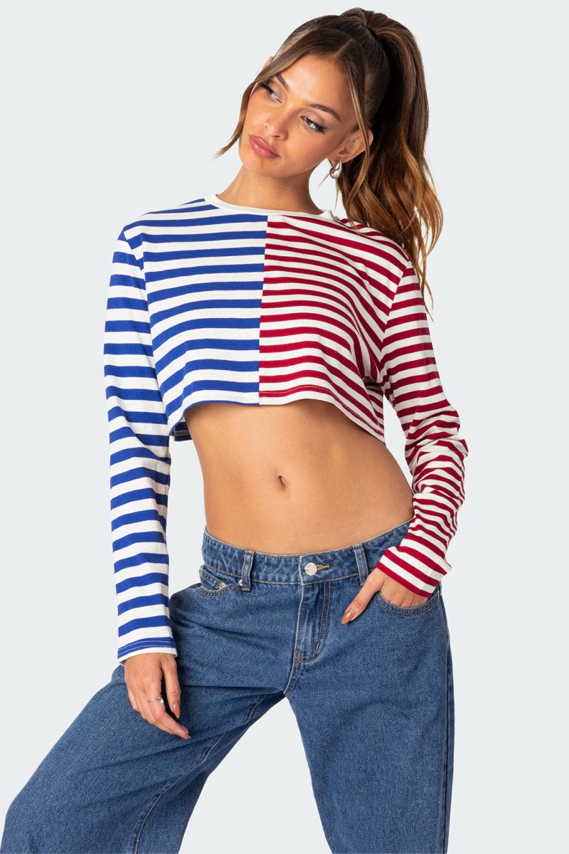 Edikted Oversized Striped Long Sleeve T Shirt Crop Tops Mix | USA JC890939G2