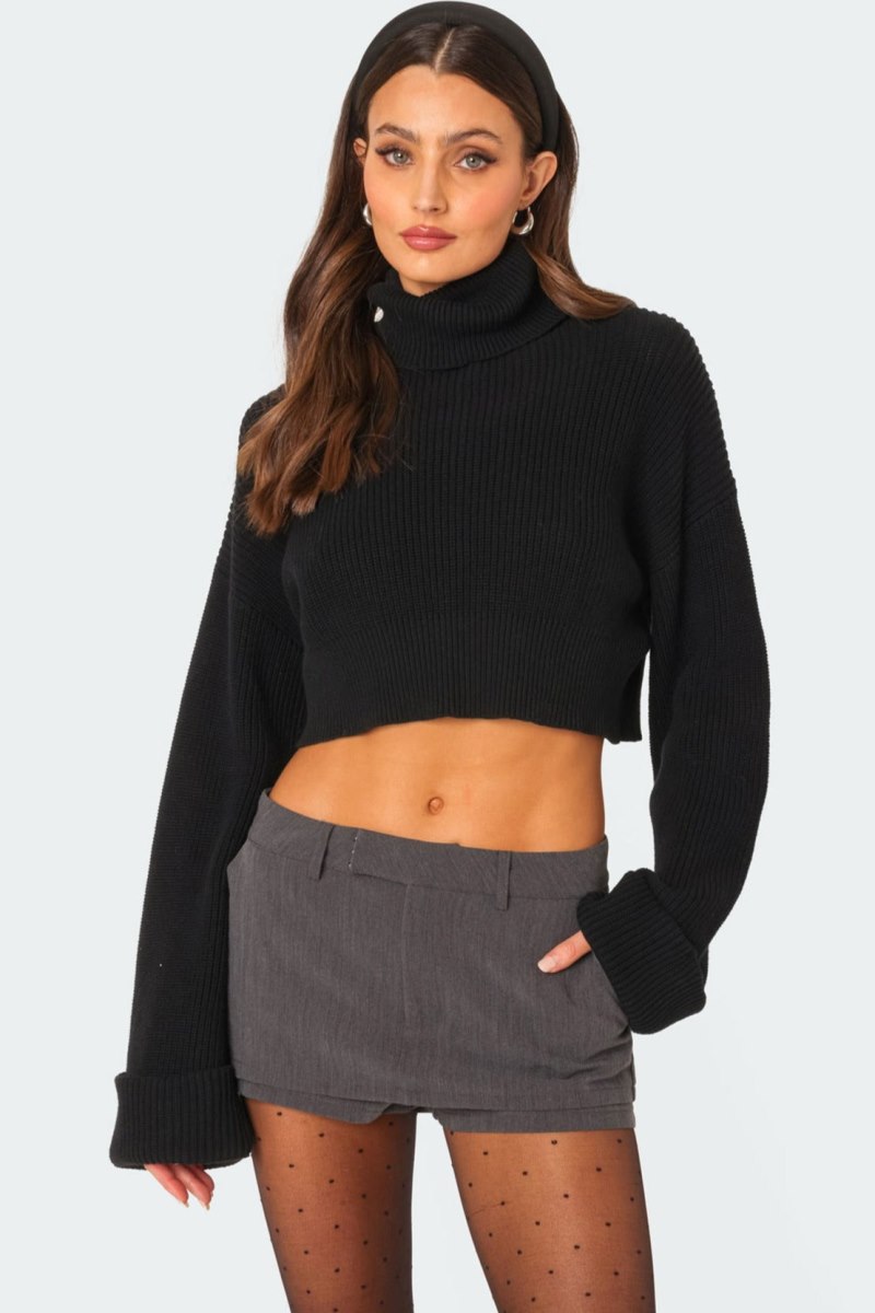 Edikted Oversized Turtle Neck Cropped Sweater Long Sleeve Tops Black | USA IY438103H0